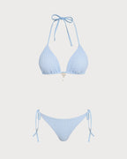 Blue Halter Drawstring Triangle Bikini Set