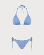 Blue Halter Triangle Reversible Bikini Set
