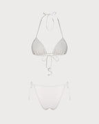 White Halter Tie Rhinestones Triangle Bikini Set