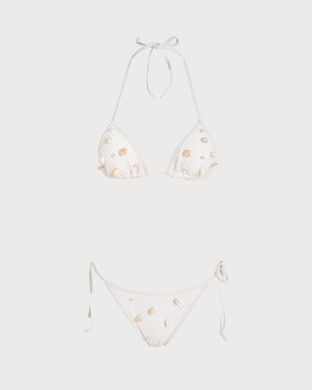 White Halter Tie Rhinestones Triangle Bikini Set
