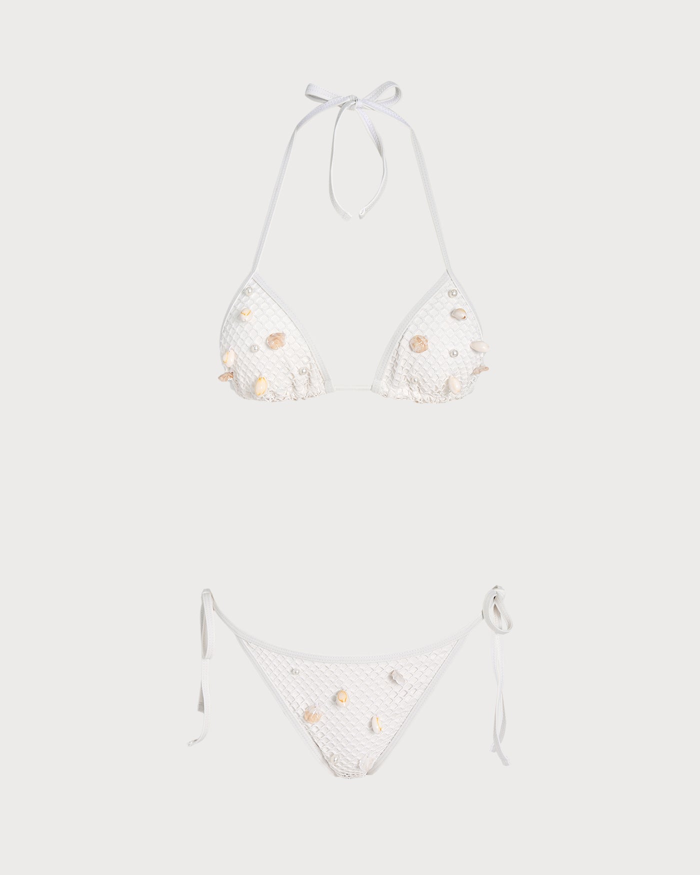 White Halter Tie Rhinestones Triangle Bikini Set